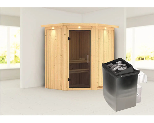 Hoeksauna met kachel en saunastenen