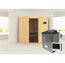 Sauna met kachel en saunastenen in een lichte ruimte