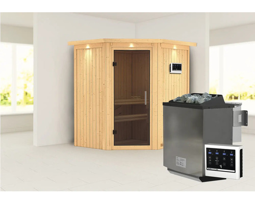 Sauna met kachel en bediening in een kamer