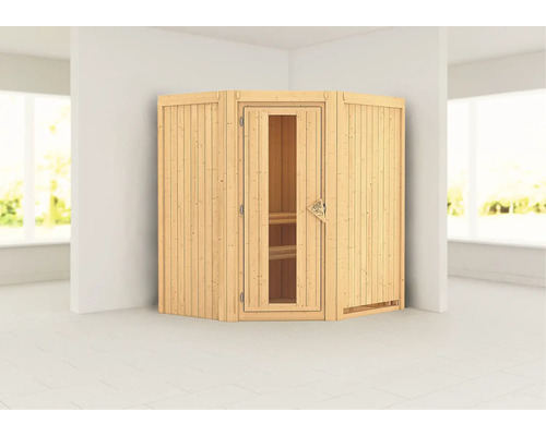 Houten hoeksauna met glazen deur in een lichte ruimte