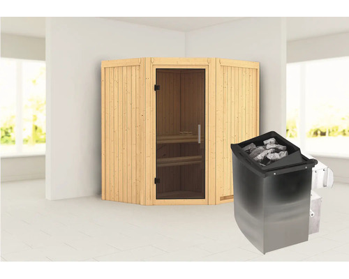 Hoeksauna met kachel en saunastenen