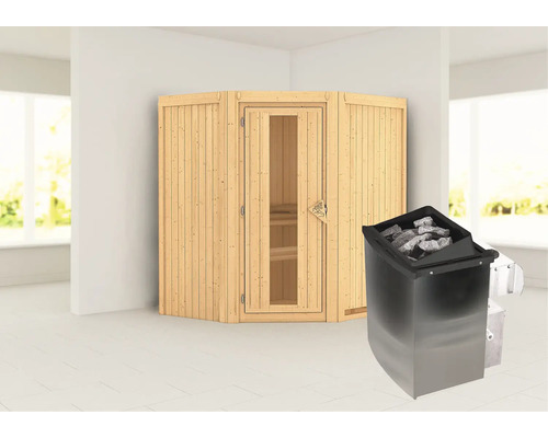 Houten hoeksauna met glazen deur en saunakachel met stenen