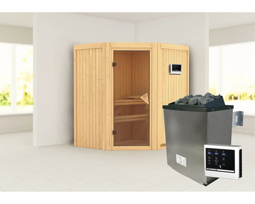 Houten sauna met kachel en bediening