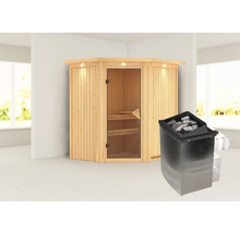 Houten hoeksauna met kachel in de kamer
