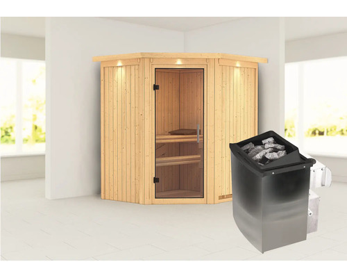 Houten hoeksauna met saunakachel en saunastenen