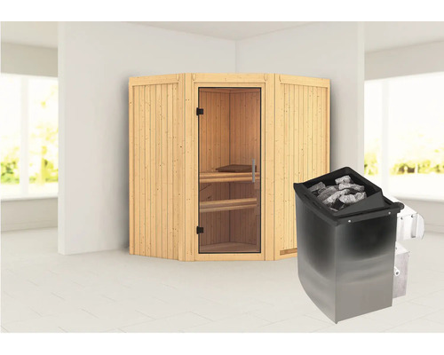 Binnensauna met saunakachel en saunastenen