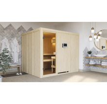 Sauna met houten wanden, glazen deur en digitaal bedieningspaneel in een badkamer met wastafel en handdoeken