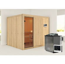 Sauna met houten wanden, glazen deur, bedieningspaneel en saunakachel