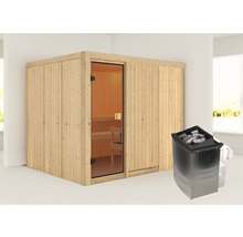 Houten sauna met glazen deur en saunakachel