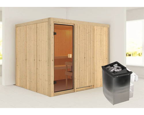 Houten sauna met glazen deur en saunakachel
