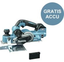 Makita Logo. Schaafmachine met de mededeling gratis accu.