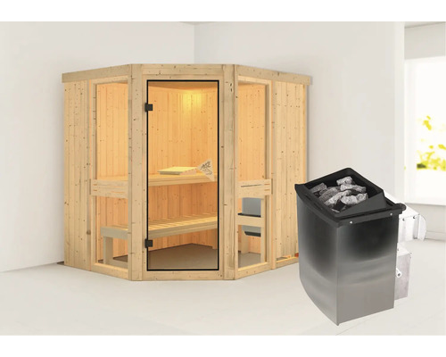 Houten sauna met kachel en saunastenen.