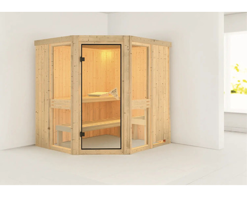 Houten hoeksauna met glazen deur voor binnenshuis