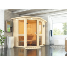 Lichte badkamer met houten sauna met glazen deur, wastafel en bad