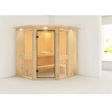 Houten hoeksauna met glazen deur en binnenverlichting