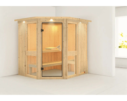 Houten hoeksauna met glazen deur en binnenverlichting