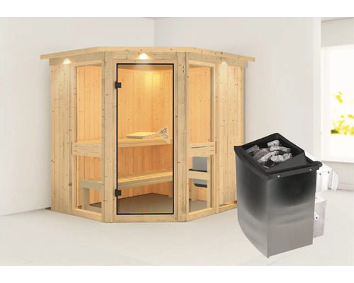 Houten hoeksauna met kachel