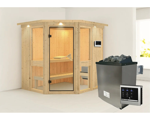 Houten sauna met saunakachel en bediening