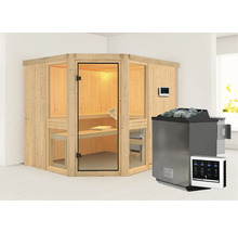 Sauna met houten bekleding, glazen deur en saunakachel