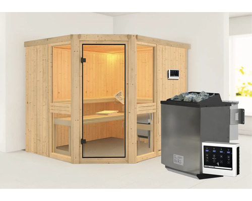 Sauna met houten bekleding, glazen deur en saunakachel