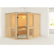 Hoeksauna met glazen deur en houten bekleding in een lichte ruimte.