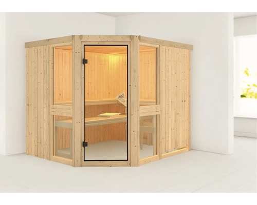 Hoeksauna met glazen deur en houten bekleding in een lichte ruimte.
