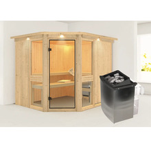Hoeksauna van hout met glazen deur en saunakachel