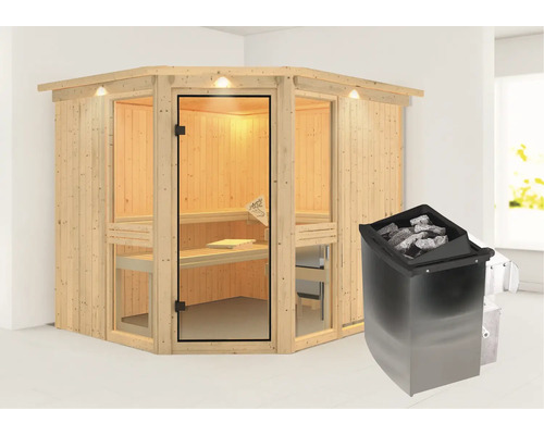 Hoeksauna van hout met glazen deur en saunakachel
