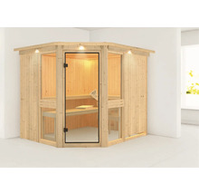 Houten hoeksauna met glazen deur en binnenverlichting