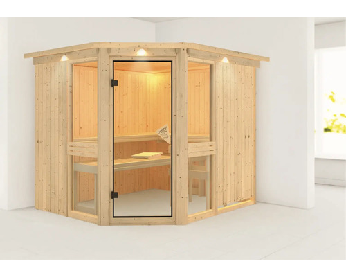 Houten hoeksauna met glazen deur en binnenverlichting