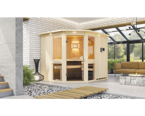 Interieur met houten sauna, zitbank en glazen elementen in een lichte ruimte