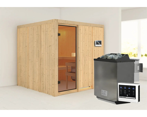 Houten binnensauna met glazen deur, saunakachel en digitaal bedieningspaneel.