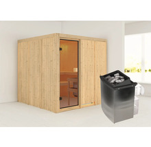 Houten sauna met glazen deur en saunakachel met saunastenen