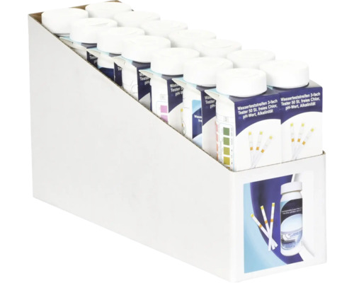 Displaydoos met waterteststrips voor het bepalen van chloor, pH-waarde en alkaliniteit