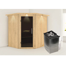 Houten hoeksauna met glazen deur en saunakachel