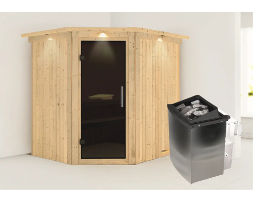 Houten hoeksauna met glazen deur en saunakachel