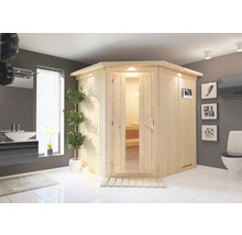 Interieurfoto met een houten sauna, wastafel en toilet in een badkamer