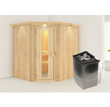 Hoeksauna met saunaoven en saunastenen