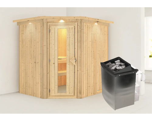 Hoeksauna met saunaoven en saunastenen