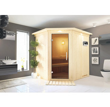 Lichte badkamer met houten hoeksauna