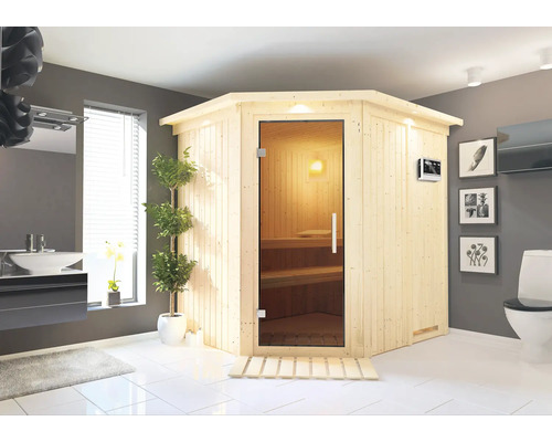 Lichte badkamer met houten hoeksauna