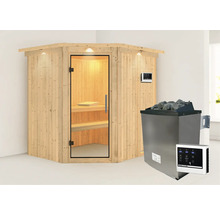 Houten hoeksauna met glazen deur en saunakachel