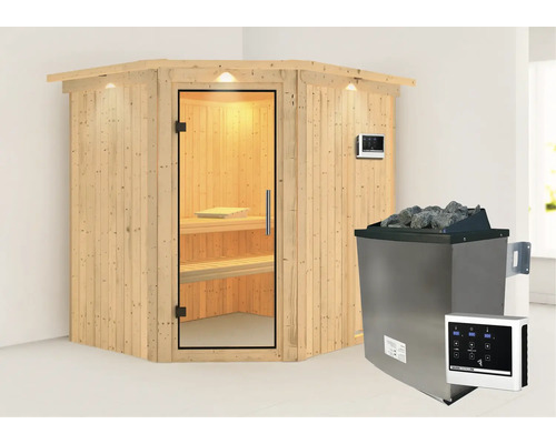 Houten hoeksauna met glazen deur en saunakachel