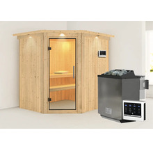 Houten hoeksauna met glazen deur en saunakachel