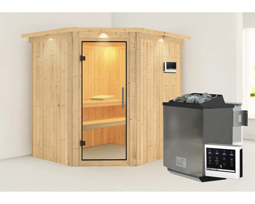 Houten hoeksauna met glazen deur en saunakachel