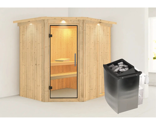 Hoeksauna met glazen deur en saunakachel