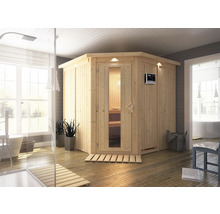 Houten sauna met glazen deur in een badkamer