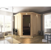 Houten sauna met glazen deur in badkamer