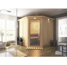 Houten hoeksauna met glazen deur in een badkamer
