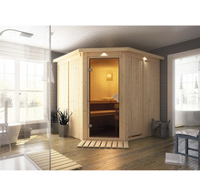 Lichte badkamerscène met houten sauna, douche en bad